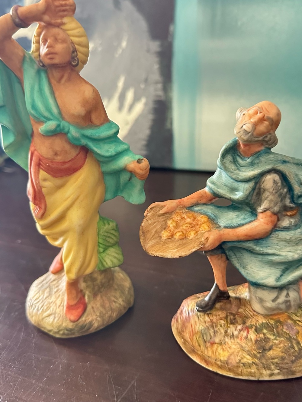 Hand-Painted Ceramic Figurine Set in Turquoise and Yellow